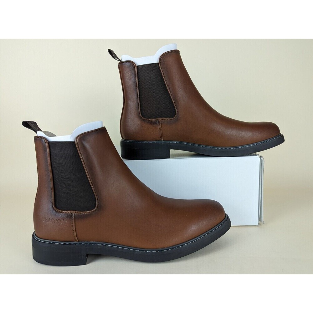 Calvin Klein Fenwick Chelsea Boots Mens 9 Brown Leather Pull On Shoes NWB